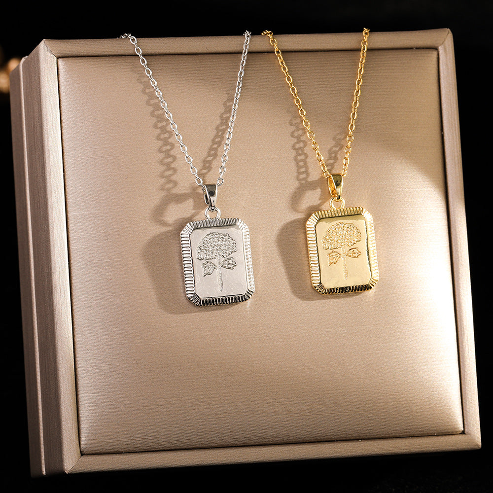 European American INS Fashion Titanium Steel Necklace for Women, Viral Square Embossed Flower Pendant Unique Clavicle Chain