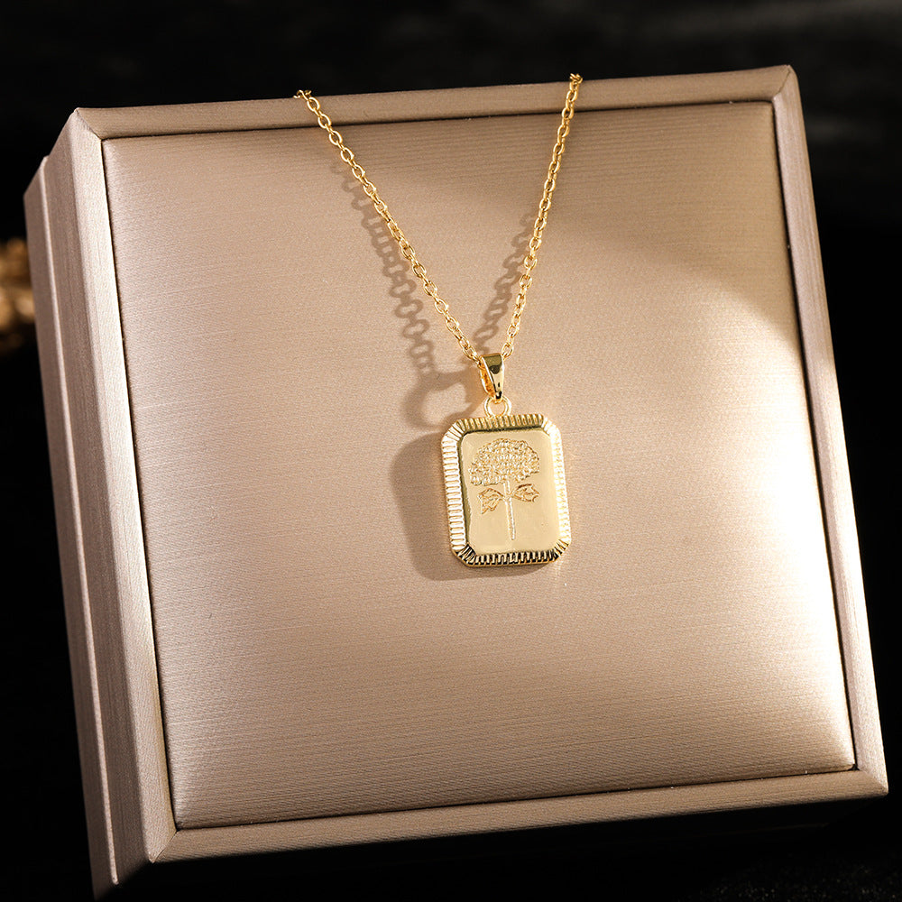 European American INS Fashion Titanium Steel Necklace for Women, Viral Square Embossed Flower Pendant Unique Clavicle Chain